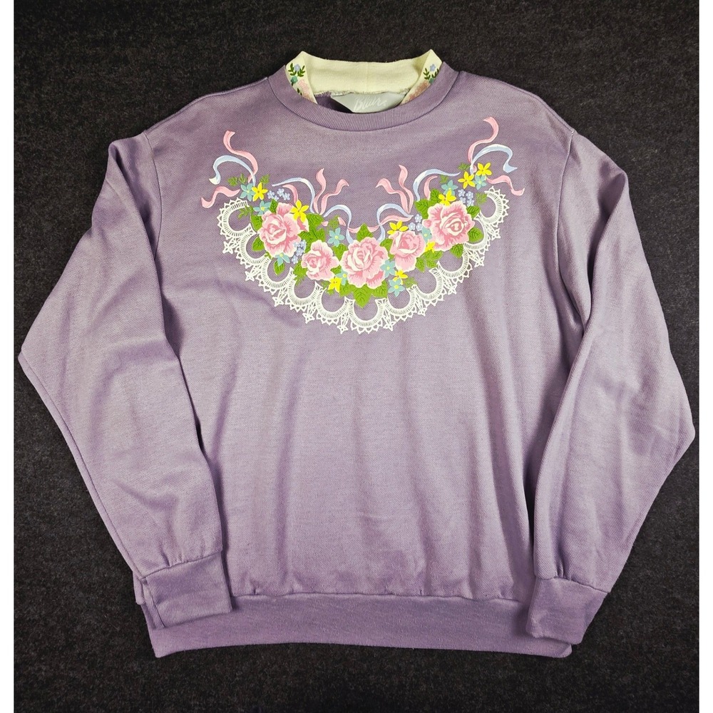 Vtg Blair's 80s Women's Purple Floral Embroidered Crewneck Sweatshirt USA Size M